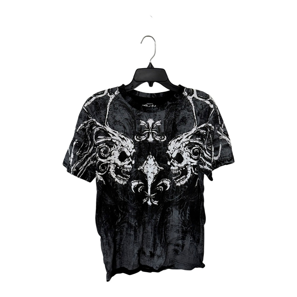 Eighty Eight Brand Mens Medium Gothic Skull Fleur De Lis Graphic Tee Black Grey